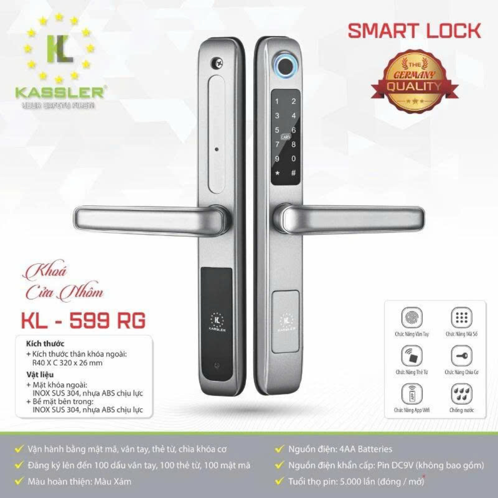 khoa van tay kassler kl 599 rg 5 - Khóa vân tay cửa nhôm Kassler KL-599 RG tiêu chuẩn Đức Khóa vân tay cửa nhôm Kassler KL-599 RG tiêu chuẩn Đức