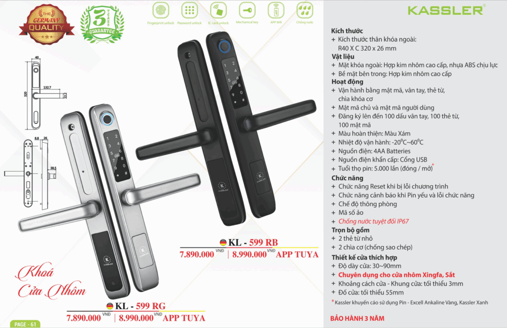 khoa van tay kassler kl 599 rg 6 - Khóa vân tay cửa nhôm Kassler KL-599 RG tiêu chuẩn Đức Khóa vân tay cửa nhôm Kassler KL-599 RG tiêu chuẩn Đức