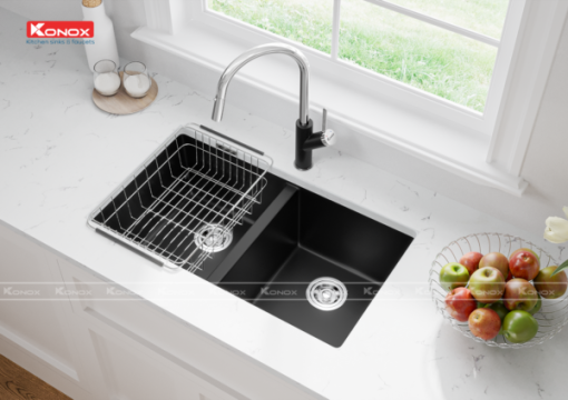 chau rua bat Veloci 760D Black voi rua bat Ponte Black 2 - CHẬU RỬA BÁT KONOX VELOCI 760D BLACK