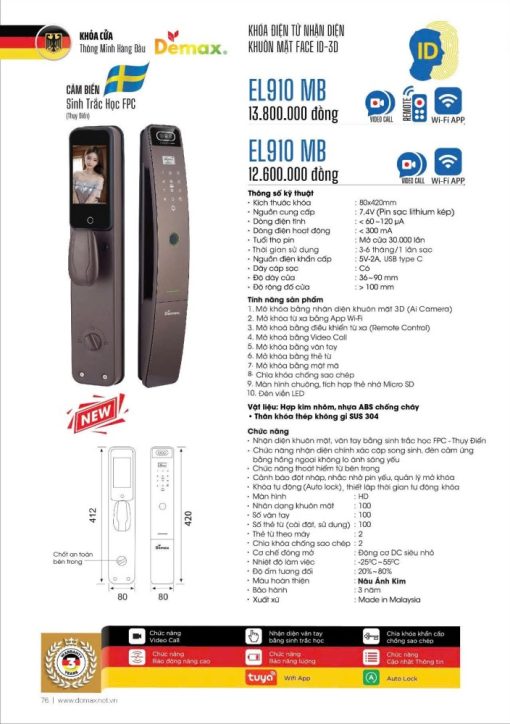 khoa van tay demax el910 mb app wifi 1 - Khóa vân tay DEMAX EL910 MB APP WIFI tiêu chuẩn Đức