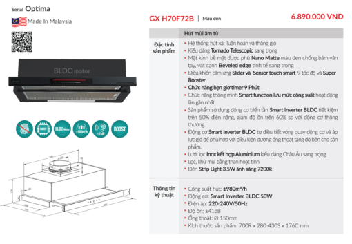 may hut mui am tu grandx gx h70f72b 6 - Máy hút mùi âm tủ GrandX GX H70F72B