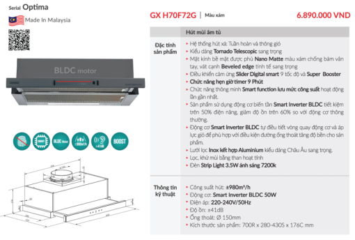 may hut mui am tu grandx gx h70f72g5 - Máy hút mùi âm tủ GrandX GX H70F72G