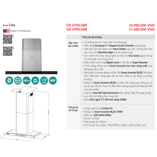 may hut mui ap tuong grandx gx h70c68b 5 - Máy hút mùi áp tường GrandX GX H70C68B