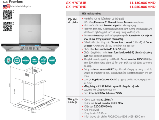may hut mui ap tuong grandx gx h70t81b 1 - Máy hút mùi áp tường GrandX GX H70T81B