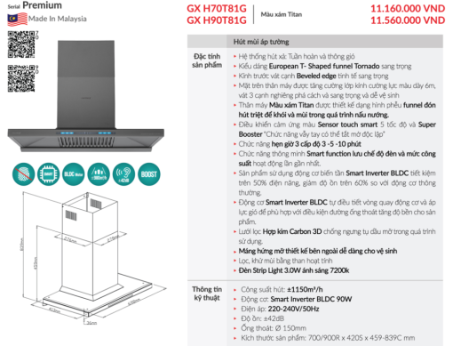may hut mui ap tuong grandx gx h70t81g6 - Máy hút mùi áp tường GrandX GX H70T81G