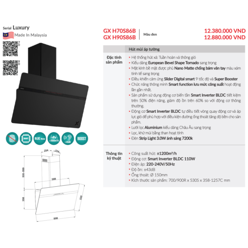 may hut mui ap tuong grandx gx h90s86b 2 - Máy hút mùi áp tường GrandX GX H90S86B