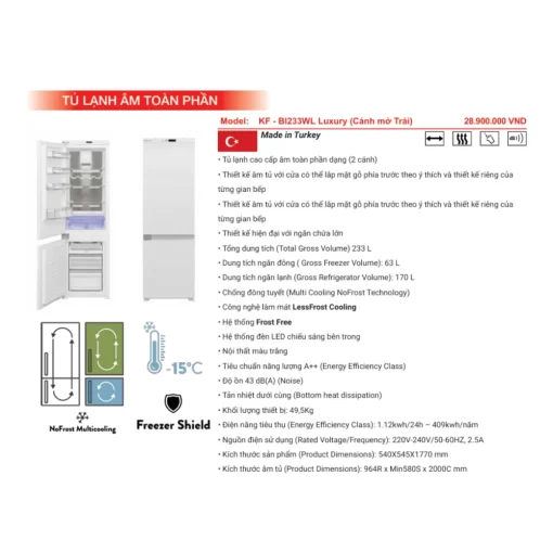 tu lanh kaff kf bi233wl luxury canh mo trai 2 2 - Tủ lạnh KAFF KF-BI233WL Luxury (Cánh mở trái)