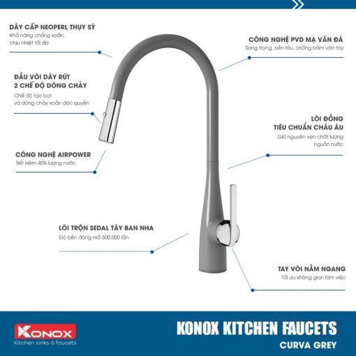 voi rua bat kitchen faucet konox model curva grey 800x800 1 - VÒI RỬA DÂY RÚT KONOX CURVA GREY