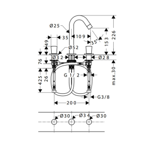 589 35 - VÒI LAVABO 3 LỖ Hafele LOGIS 150 589.52.413