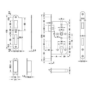 911 11 - Thân khóa lưỡi gà chốt chết 55/72, 316, màu inox mờ Hafele 911.25.402