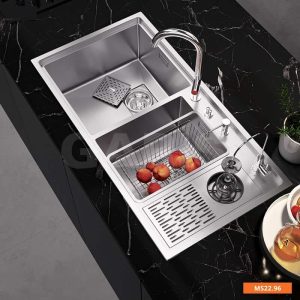 Chậu rửa inox 2 hố lệch tích hợp máy rửa ly Garis MS22.96