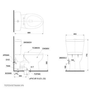 ban ve ki thuat bon cau toto cs300drt3 1 - Bồn cầu 2 khối TOTO CS300DRE2