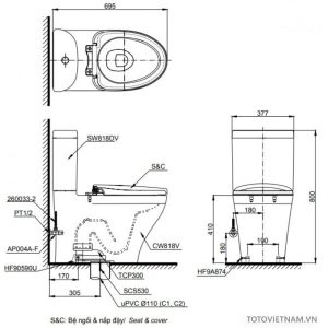 ban ve ki thuat bon cau toto cs818dt8 2 - Bồn cầu 2 khối TOTO CS818DE4