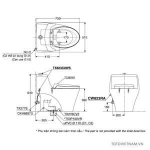 ban ve ki thuat bon cau toto cw823rat2 - Bồn cầu 1 khối TOTO MS823RAT2
