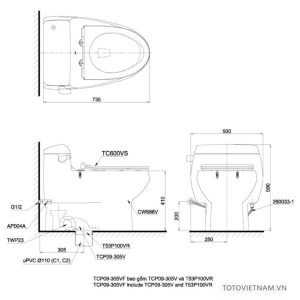 ban ve ki thuat bon cau toto ms688t8 - Bồn cầu 1 khối TOTO MS688T8 nắp đóng êm