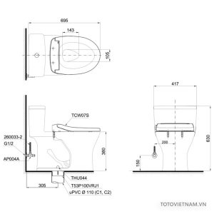 ban ve ki thuat bon cau toto ms855de2 - Bồn cầu 1 khối TOTO MS855DE2