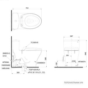 ban ve ki thuat bon cau toto ms885dt2 1 - Bồn cầu 1 khối nắp rửa lạnh TOTO MS885DE2