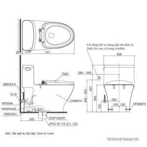 ban ve ki thuat bon cau toto ms887t2 - Bồn cầu 1 khối TOTO MS887RT2