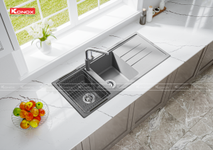 chau rua bat Phoenix 1160 Grey voi rua bat Artan Grey 3 1 - CHẬU RỬA CHÉN KONOX GRANITE SINK PHOENIX 1160 GREY