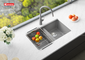 chau rua bat Veloci 760D Grey voi rua bat Curva Grey 1 - CHẬU RỬA BÁT KONOX GRANITE SINK VELOCI 760D – GREY