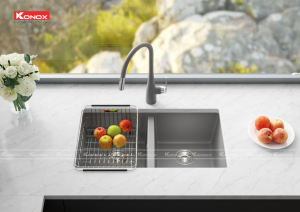 chau rua bat Veloci 760D Grey voi rua bat Curva Grey 3 - CHẬU RỬA BÁT KONOX GRANITE SINK VELOCI 760D – GREY