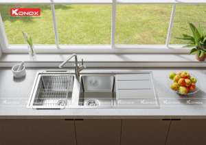 chau rua bat inox tho konox beta 1160 voi rua bat rut day artan chrome 1 800x564 1 1 - Turkey sink Beta 1160 – Bàn trái Siphon, giá úp bát inox KONOX