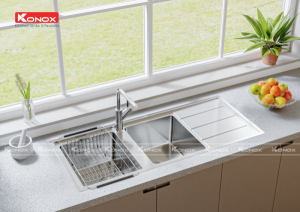 chau rua bat inox tho konox beta 1160 voi rua bat rut day artan chrome 11 800x564 1 1 - Turkey sink Beta 1160 – Bàn trái Siphon, giá úp bát inox KONOX