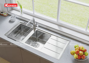 chau rua bat inox tho konox beta 1160 voi rua bat rut day artan chrome 13 800x564 1 1 - Turkey sink Beta 1160 – Bàn trái Siphon, giá úp bát inox KONOX