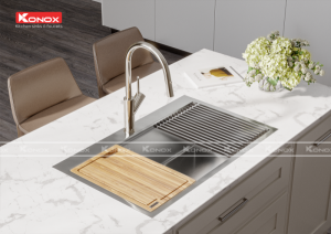 chau rua bat inox topmount kn8050ts voi rua btas rut day ponte nickel 12 800x565 1 1 - Topmount sink KN8050TSSiphon, thớt gỗ, roll mat KONOX