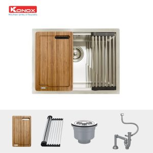 chau rua bat inox undermount series model kn6046su kitchen sink 800x800 1 - Undermount sink KN6046SUSiphon, thớt gỗ, roll mat KONOX
