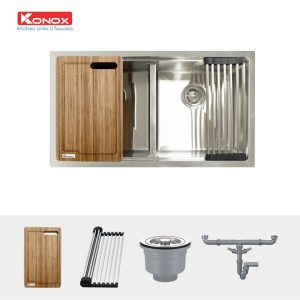 chau rua bat inox undermount series model kn8046dub kitchen sink 800x800 1 - Undermount sink KN8046DUBSiphon, thớt gỗ, roll mat KONOX