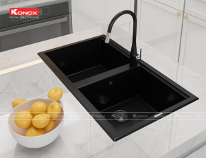 chau rua bat phoenix black voi rua bat curva black 1 800x614 2 1 - Granite sink Phoenix 860 BlackSiphon, giá úp bát inox KONOX