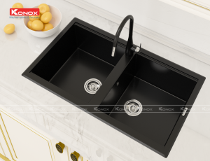chau rua bat phoenix black voi rua bat curva black 12 800x614 2 1 - Granite sink Phoenix 860 BlackSiphon, giá úp bát inox KONOX