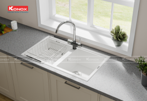 chau rua bat phoenix white silver voi rua bat trim water black 2 800x546 1 1 - Granite sink Phoenix 860 White SilverSiphon, giá úp bát inox KONOX