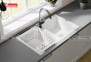 chau rua bat phoenix white silver voi rua bat trim water black 21 800x546 1 1 1 - Granite sink Phoenix 860 White SilverSiphon, giá úp bát inox KONOX