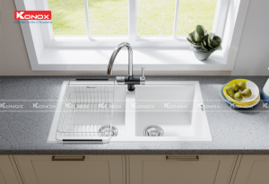 chau rua bat phoenix white silver voi rua bat trim water black 24 800x546 1 1 - Granite sink Phoenix 860 White SilverSiphon, giá úp bát inox KONOX