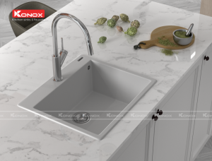 chau rua bat ruvita white silver voi rua bat ponte chrome 21 800x607 1 1 - Granite sink Ruvita 680 White SilverSiphon, giá úp bát inox KONOX