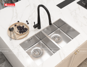 chau rua bat undermount kn8144du voi rua bat kn1901b 4 800x614 1 1 - CHẬU RỬA CHÉN BÁT KONOX KN8144DU Siphon, giá úp bát inox