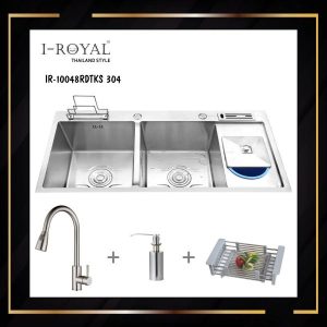 COMBO CHẬU RỬA CHÉN I-ROYAL 10048 2 HỘC CÂN CÓ CÀI DAO-THỚT-RÁC INOX 304 ĐÚC KHÔNG SƠN IR-10048RDTKS 304