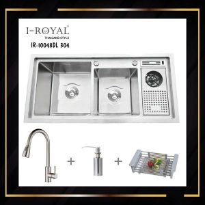 COMBO CHẬU RỬA CHÉN I-ROYAL 10048 2 HỘC LỆCH CÓ CÀI DAO-RỬA LY INOX 304 IR-10048DL 304