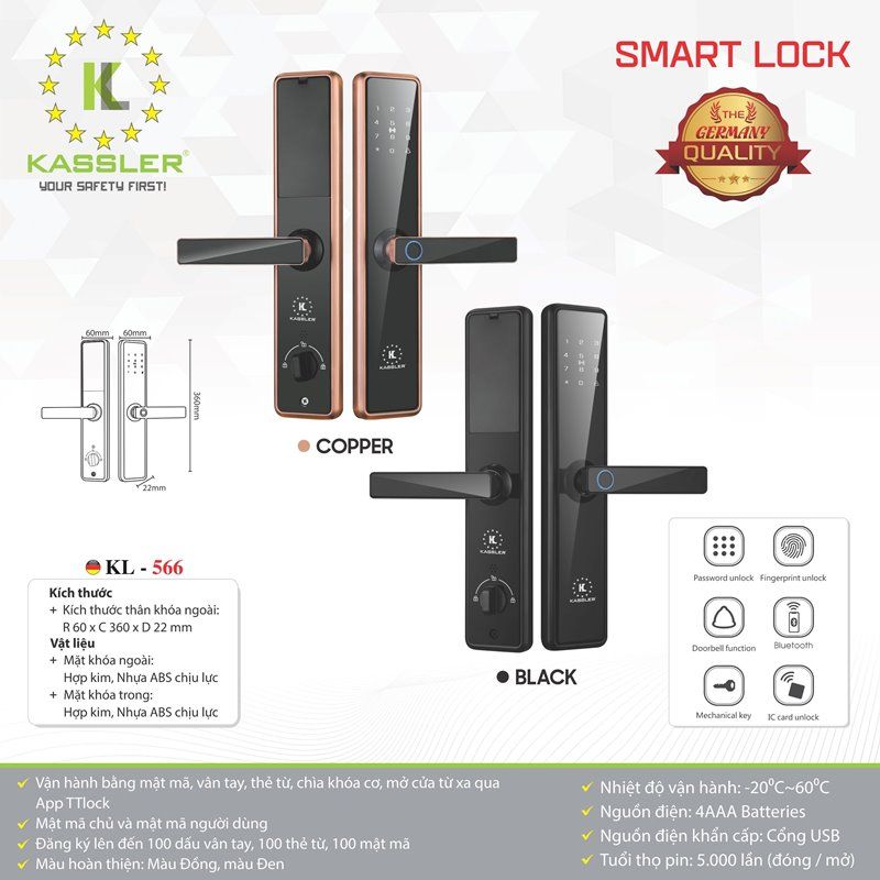 khoa van tay kassler kl 566 copper app remote6 - Khóa vân tay Kassler KL-566 COPPER App, Remote tiêu chuẩn Đức Khóa vân tay Kassler KL-566 COPPER App, Remote tiêu chuẩn Đức