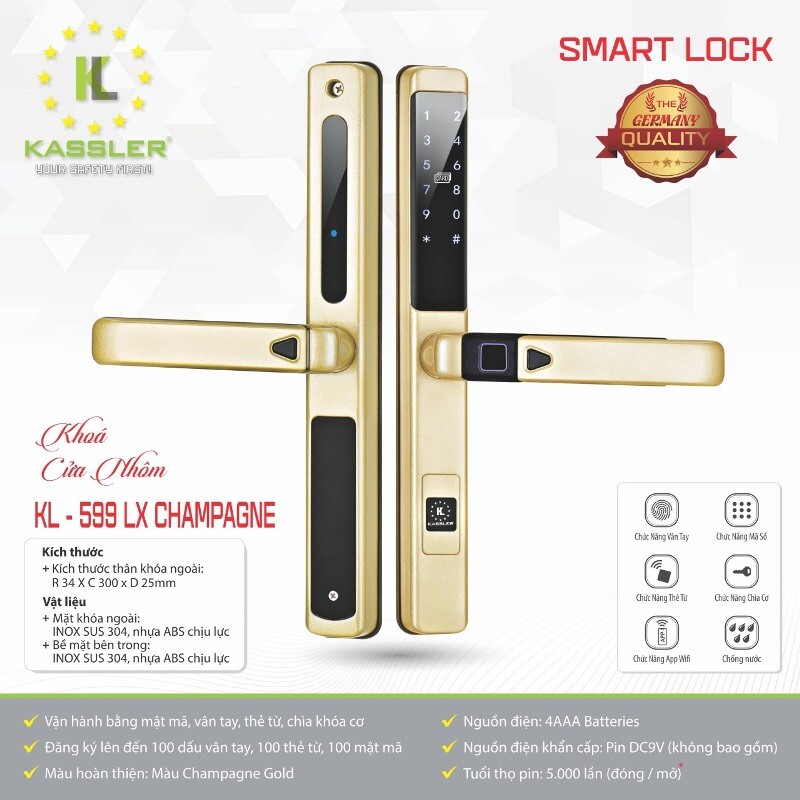 khoa van tay kassler kl 599 lx champagne5 - Khóa vân tay cửa nhôm Kassler KL-599 LX CHAMPAGNE APP, Remote tiêu chuẩn Đức Khóa vân tay cửa nhôm Kassler KL-599 LX CHAMPAGNE APP, Remote tiêu chuẩn Đức