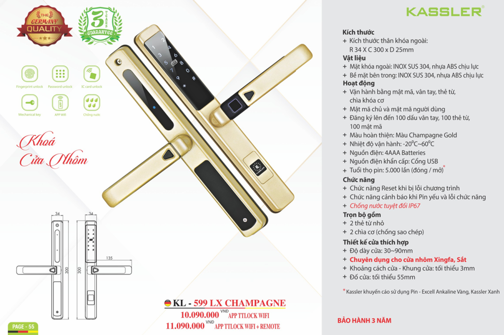 khoa van tay kassler kl 599 lx champagne6 - Khóa vân tay cửa nhôm Kassler KL-599 LX CHAMPAGNE APP, Remote tiêu chuẩn Đức Khóa vân tay cửa nhôm Kassler KL-599 LX CHAMPAGNE APP, Remote tiêu chuẩn Đức