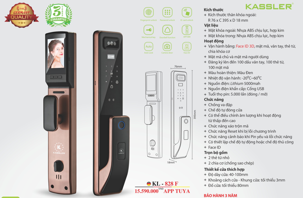 khoa van tay kassler kl 828 f app face id - Khóa vân tay Kassler KL-828 F APP, Face ID tiêu chuẩn Đức Khóa vân tay Kassler KL-828 F APP, Face ID tiêu chuẩn Đức