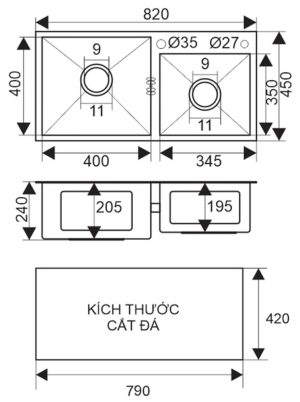 kich thuoc chau rua roslerer 8245 ho lech 2 - Chậu rửa Roslerer RL01-8245 Lệch