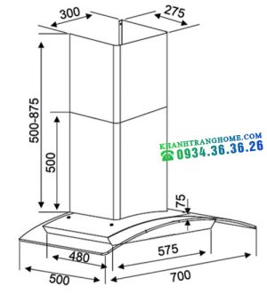 kich thuoc may hut mui kocher k 228s 70 500x551 1 - Máy hút mùi Kocher K-228S-70
