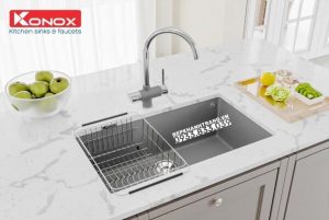 z3558033198983 a691c8ee09381c3bc880a61e983feb17 1 - Granite sink Ruvita 680 BlackSiphon, giá úp bát inox KONOX