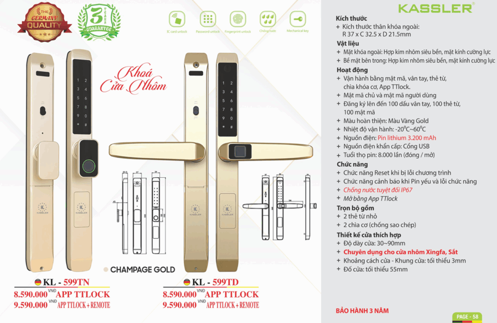 khoa van tay kassler kl 599td champagne gold 4 - Khóa vân tay cửa nhôm Kassler KL-599TD Champagne Gold App, Remote tiêu chuẩn Đức Khóa vân tay cửa nhôm Kassler KL-599TD Champagne Gold App, Remote tiêu chuẩn Đức