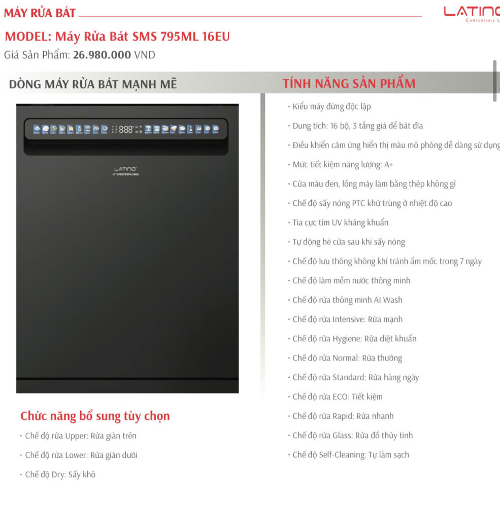 may rua bat latino sms 795ml 16eu 3 - Máy rửa bát Latino SMS 795ML 16EU Máy rửa bát Latino SMS 795ML 16EU