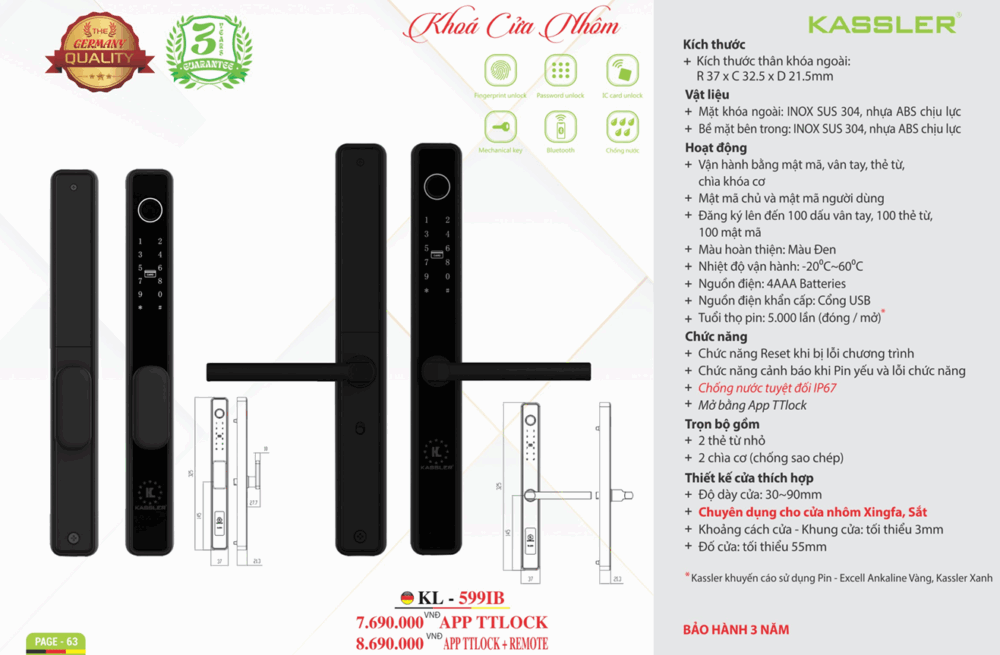 khoa van tay cua nhom kassler kl 599ib app 1 - Khóa vân tay cửa nhôm Kassler KL-599IB APP tiêu chuẩn Đức Khóa vân tay cửa nhôm Kassler KL-599IB APP tiêu chuẩn Đức